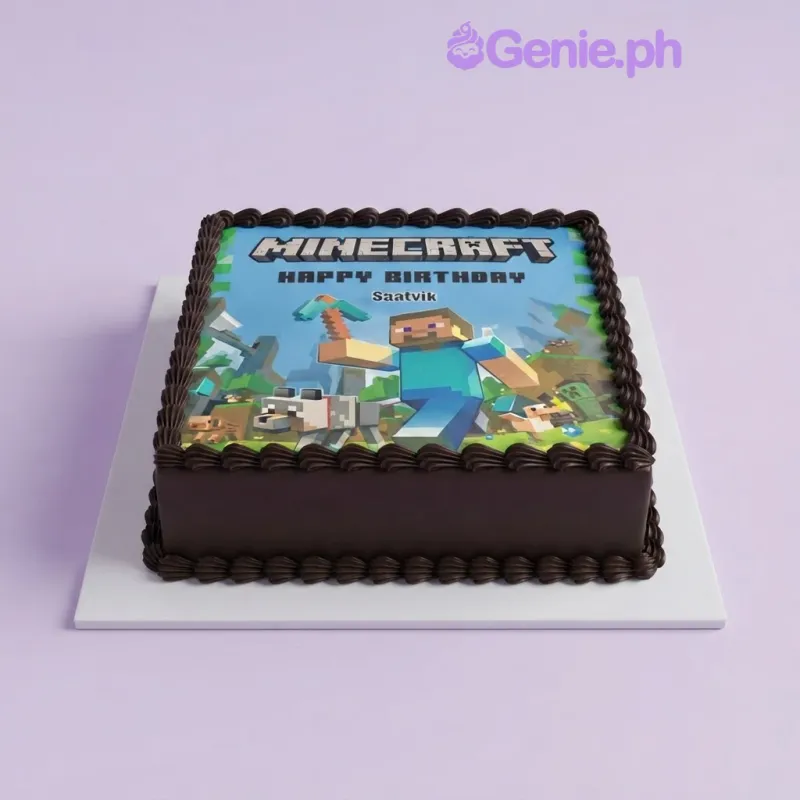 Pink square cake with Minecraft character printout on top and chocolate piped border Pink square cake with Minecraft character printout on top and chocolate piped border