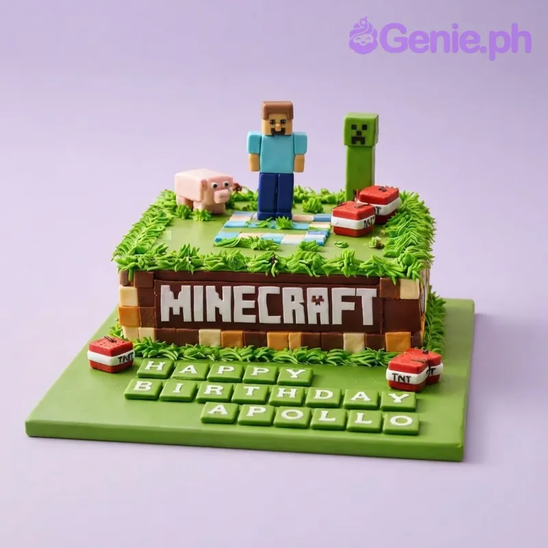 Vibrant green square cake with soft icing, Minecraft characters, TNT blocks, and piped grass Vibrant green square cake with soft icing, Minecraft characters, TNT blocks, and piped grass