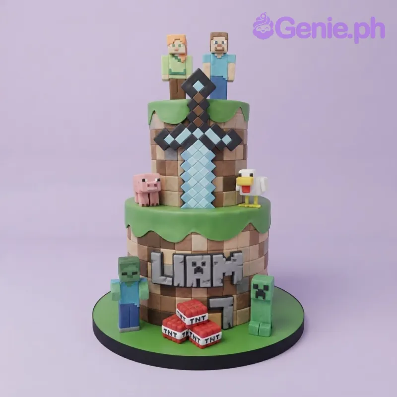 Light green 2-tier fondant Minecraft cake with Alex and Steve figurines, a diamond sword, and video game character accents Light green 2-tier fondant Minecraft cake with Alex and Steve figurines, a diamond sword, and video game character accents