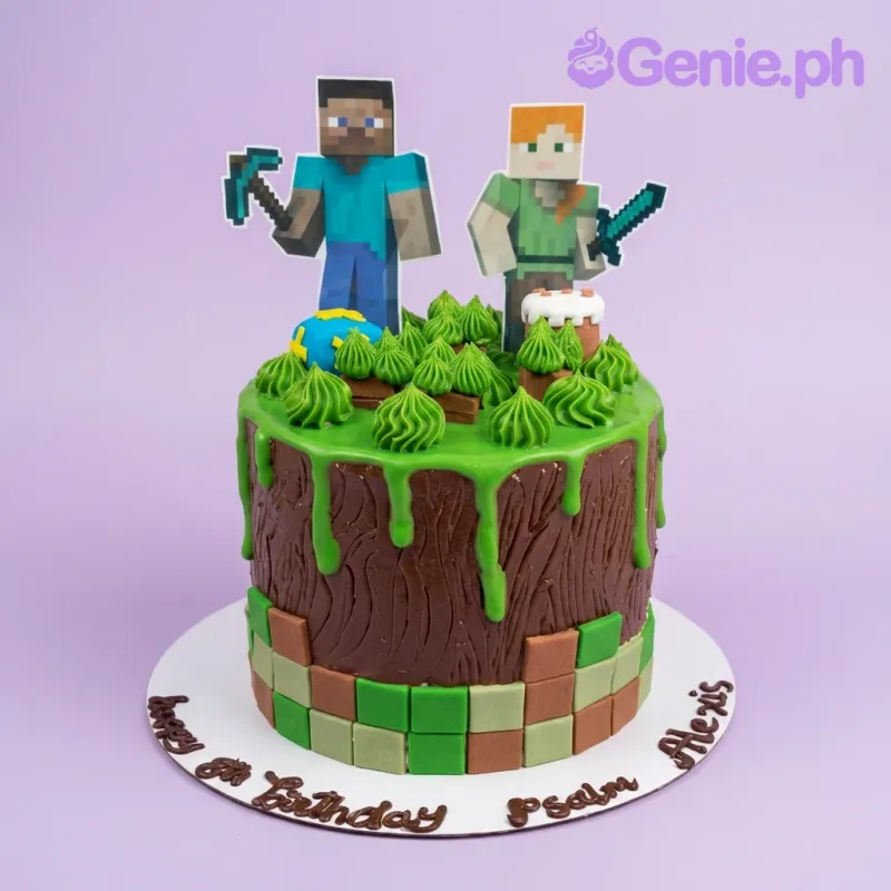 A green and brown 1 Tier cake themed around Minecraft, featuring Steve and Alex printout toppers, green icing drip, and wood-textured sides. A green and brown 1 Tier cake themed around Minecraft, featuring Steve and Alex printout toppers, green icing drip, and wood-textured sides.