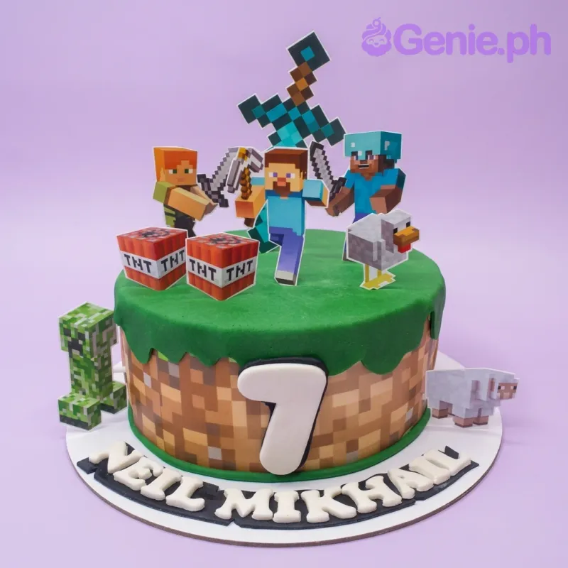 A green and brown 1 Tier Fondant Minecraft cake, with Steve, Alex, Creeper, and block design. A green and brown 1 Tier Fondant Minecraft cake, with Steve, Alex, Creeper, and block design.