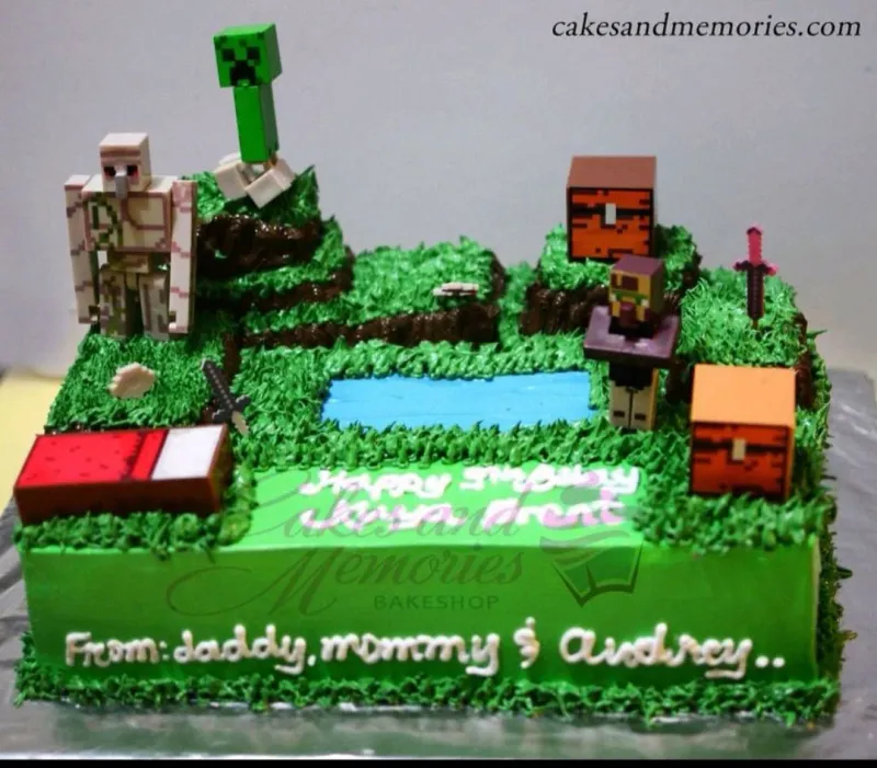 A green and blue rectangle cake, Minecraft themed, featuring Creeper, Iron Golem, and Villager toppers, with grass icing and a blue pond. A green and blue rectangle cake, Minecraft themed, featuring Creeper, Iron Golem, and Villager toppers, with grass icing and a blue pond.