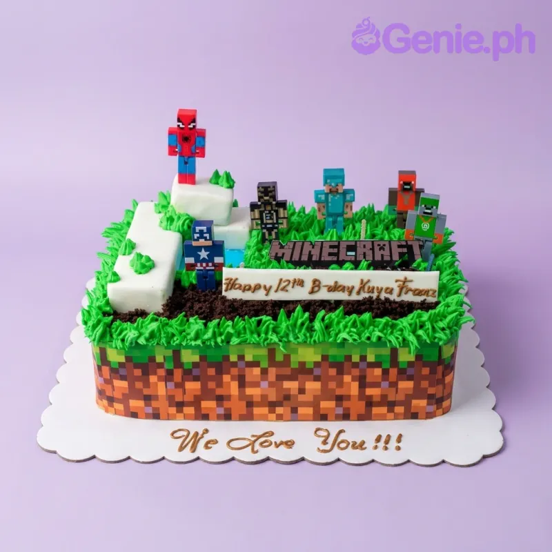 A green, brown, and white rectangle Minecraft cake, featuring various blocky character toy toppers and a pixelated dirt side wrap. A green, brown, and white rectangle Minecraft cake, featuring various blocky character toy toppers and a pixelated dirt side wrap.
