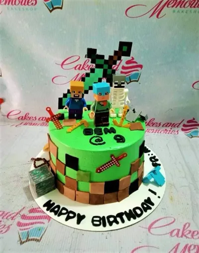 A green 1 Tier cake themed around Minecraft, featuring Steve, Alex, Skeleton figures, and pixelated terrain. A green 1 Tier cake themed around Minecraft, featuring Steve, Alex, Skeleton figures, and pixelated terrain.