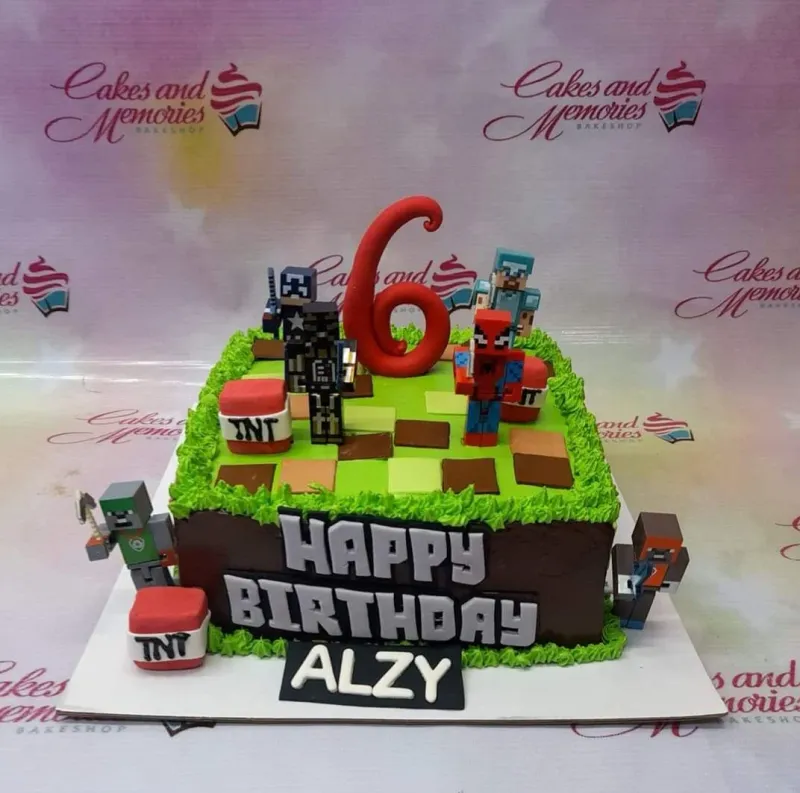 A green, brown, and red square cake themed around Minecraft, featuring a red number 6, character printouts, and TNT blocks. A green, brown, and red square cake themed around Minecraft, featuring a red number 6, character printouts, and TNT blocks.