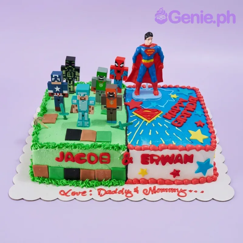 A multi-colored rectangle cake themed around Minecraft and Superman, featuring character toppers and personalized names. A multi-colored rectangle cake themed around Minecraft and Superman, featuring character toppers and personalized names.
