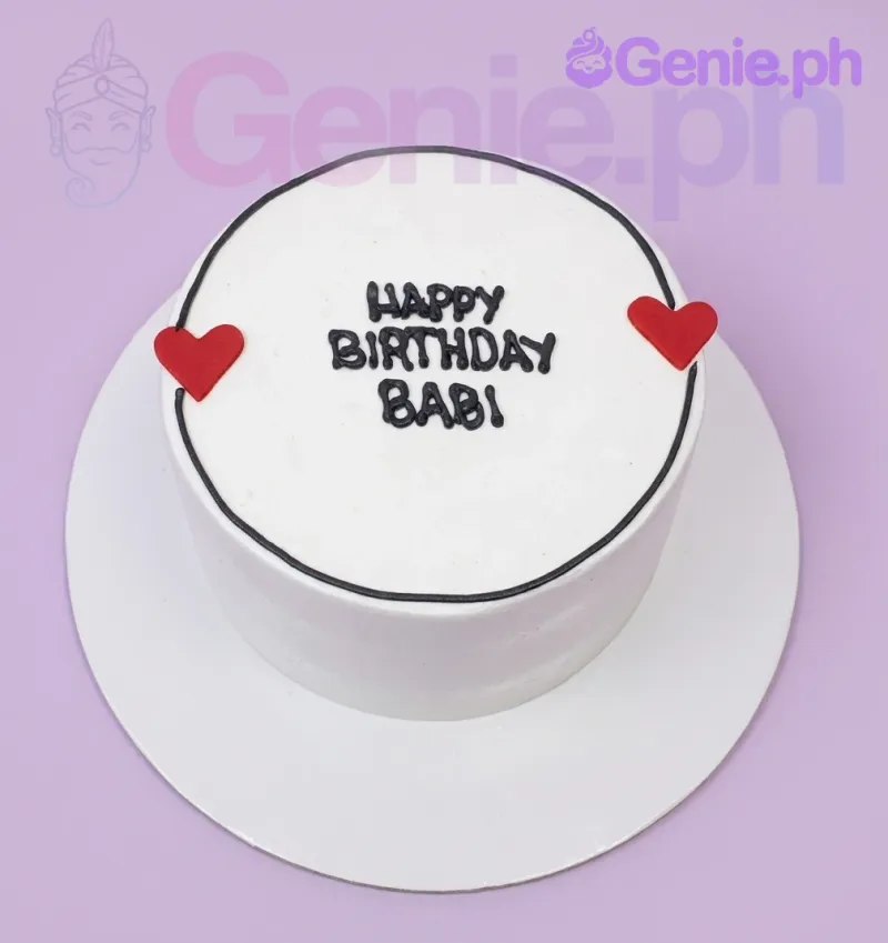 A white 1 Tier cake with a black comic-style border, two red hearts, and 'HAPPY BIRTHDAY BABI' text, themed for Minimalist Babi. A white 1 Tier cake with a black comic-style border, two red hearts, and 'HAPPY BIRTHDAY BABI' text, themed for Minimalist Babi.