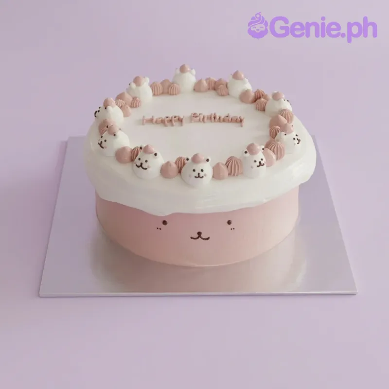 A pink and white 1-tier Minimalist Bear cake, featuring small bear icing decorations, pink rosettes, and a 'Happy Birthday' message. A pink and white 1-tier Minimalist Bear cake, featuring small bear icing decorations, pink rosettes, and a 'Happy Birthday' message.