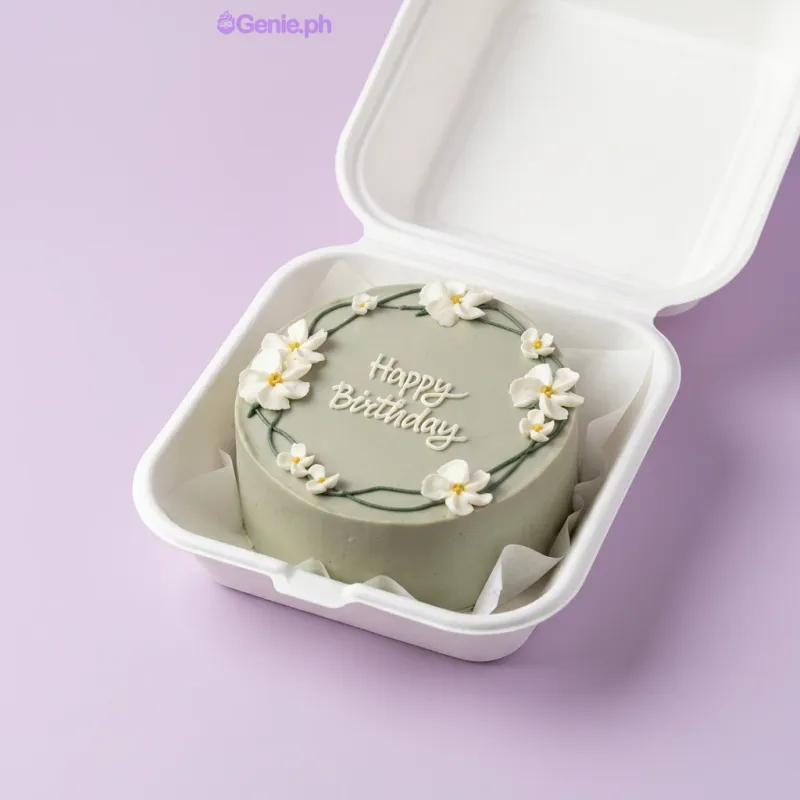Sage green bento cake with white piped icing flowers in a wreath and Happy Birthday text Sage green bento cake with white piped icing flowers in a wreath and Happy Birthday text