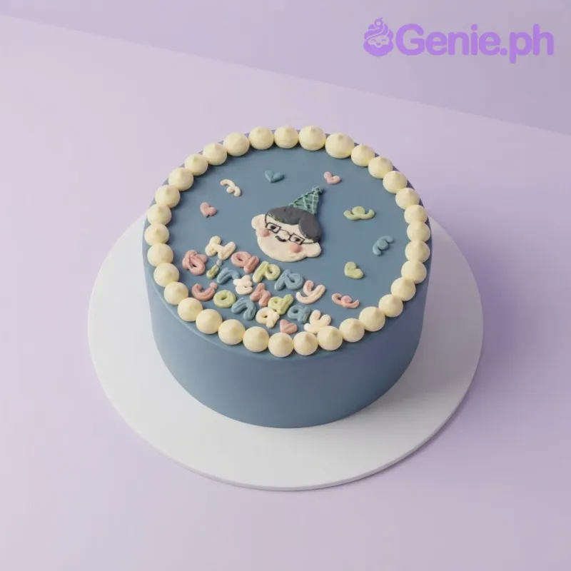 Navy blue 1-tier birthday cake with soft icing, piped ivory border, fondant boy portrait, and colorful messages Navy blue 1-tier birthday cake with soft icing, piped ivory border, fondant boy portrait, and colorful messages