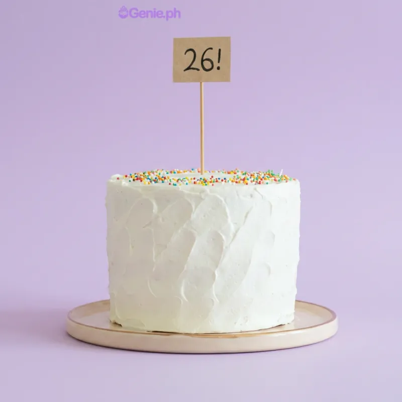 White 1-tier birthday cake with a 26! printout topper and colorful sprinkles White 1-tier birthday cake with a 26! printout topper and colorful sprinkles