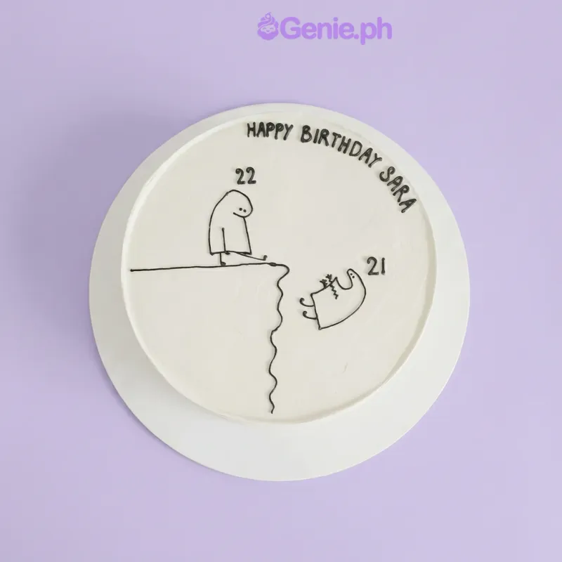 White minimalist birthday cake with black piped stick figure illustrations and Happy Birthday Sara message White minimalist birthday cake with black piped stick figure illustrations and Happy Birthday Sara message