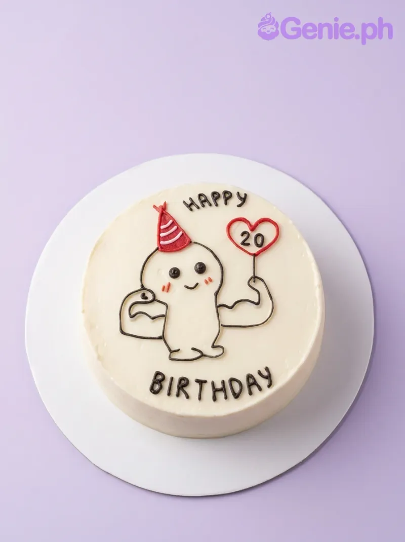 A white 1-tier cake themed Minimalist Character, featuring a muscular character with hat and balloon, and birthday text. A white 1-tier cake themed Minimalist Character, featuring a muscular character with hat and balloon, and birthday text.
