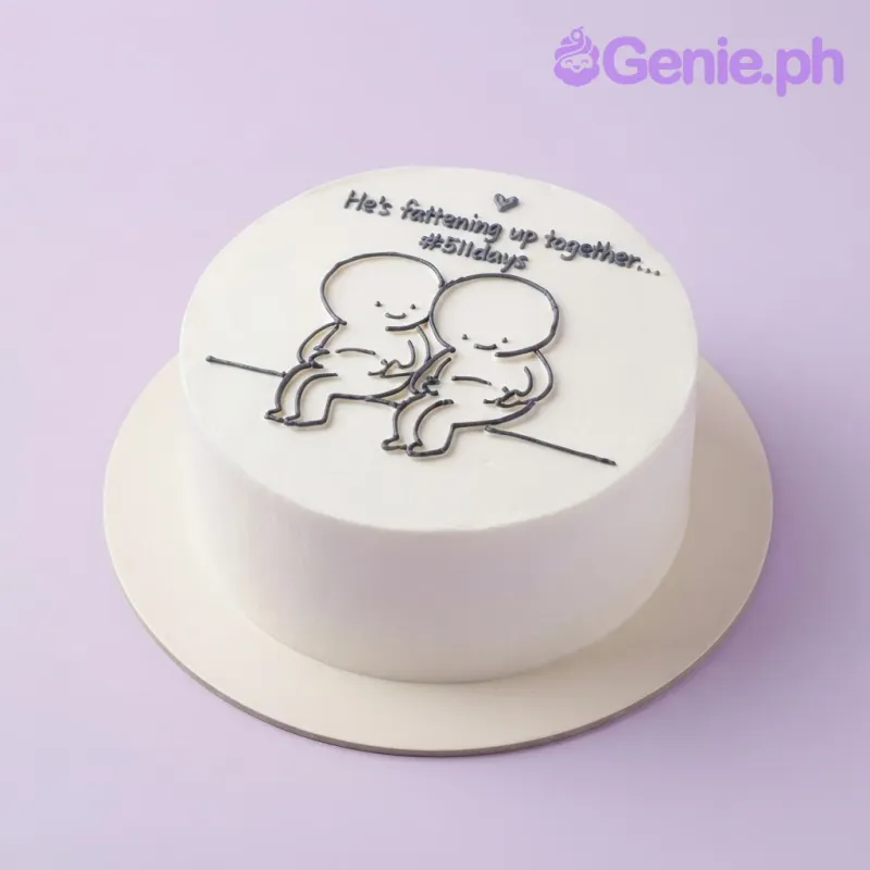 White minimalist cake with a black line-art printout of a couple sitting together and a small red heart on top. White minimalist cake with a black line-art printout of a couple sitting together and a small red heart on top.