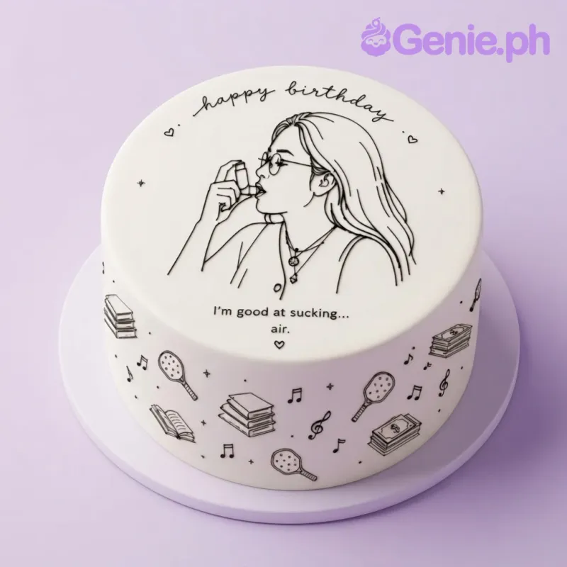 Ivory 1-tier cake with smooth soft icing, black line-art doodle of a person using an inhaler, and hobby-themed icons Ivory 1-tier cake with smooth soft icing, black line-art doodle of a person using an inhaler, and hobby-themed icons