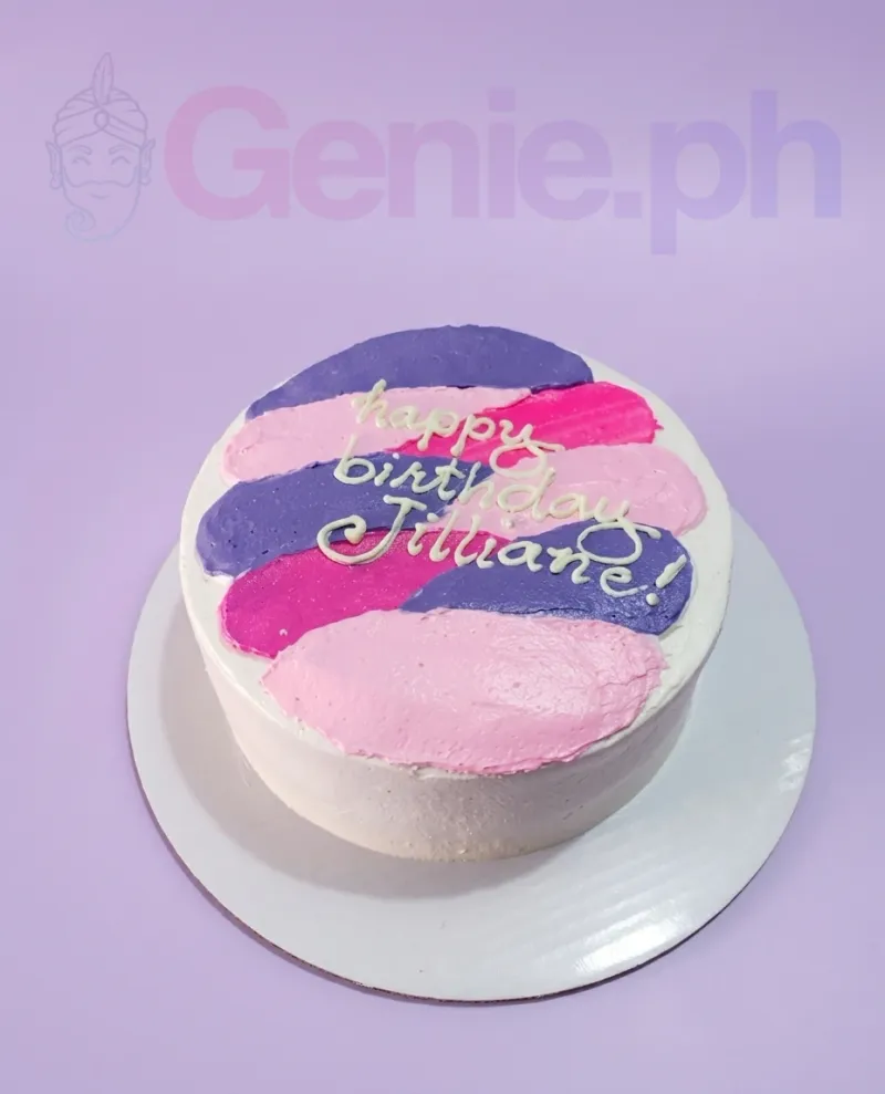 A white 1-tier bento-style cake themed Minimalist Palette, featuring artistic purple and pink palette knife icing strokes and a 'Happy Birthday' message. A white 1-tier bento-style cake themed Minimalist Palette, featuring artistic purple and pink palette knife icing strokes and a 'Happy Birthday' message.