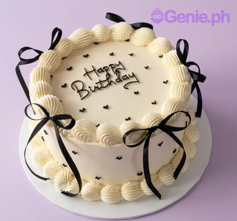 A white and black 1-tier cake themed Minimalist Ribbon, featuring black satin bows, black heart accents, and 'Happy Birthday' text. A white and black 1-tier cake themed Minimalist Ribbon, featuring black satin bows, black heart accents, and 'Happy Birthday' text.