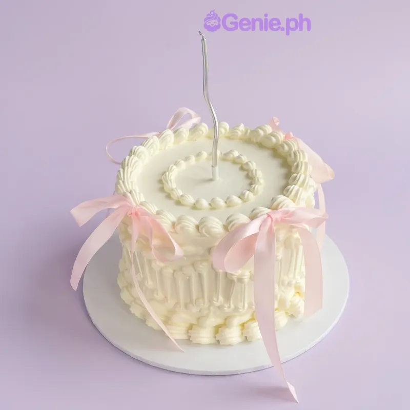 White single-tier cake with soft icing, intricate piped borders, vertical piping, and delicate pink satin ribbons with a silver candle White single-tier cake with soft icing, intricate piped borders, vertical piping, and delicate pink satin ribbons with a silver candle