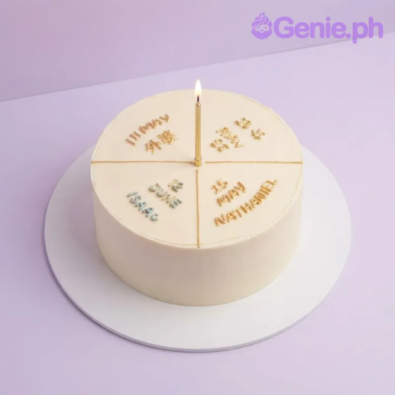 White minimalist 1-tier cake with piped names and dates in various colors and a single gold candle on top White minimalist 1-tier cake with piped names and dates in various colors and a single gold candle on top