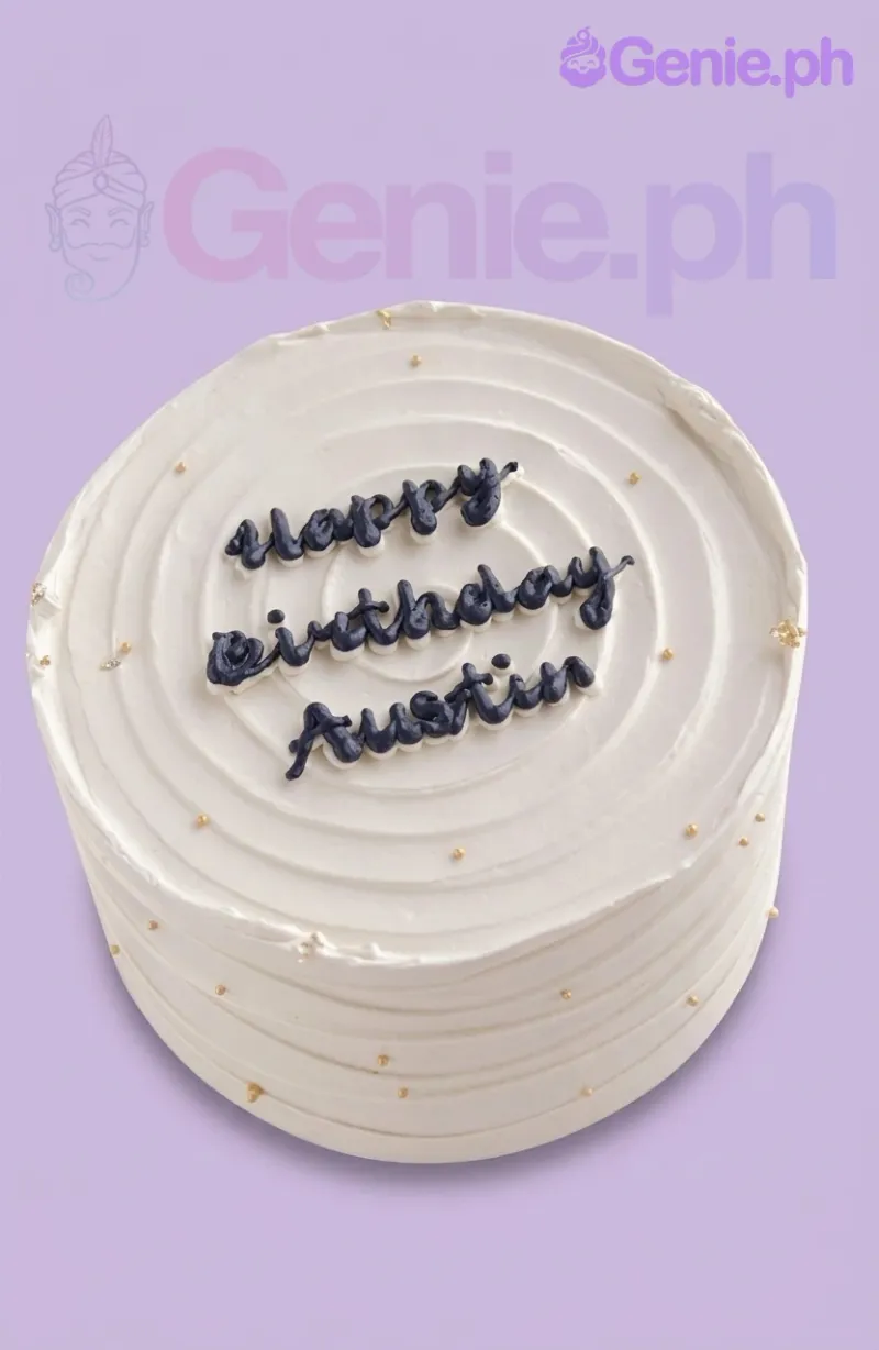 A white 1-tier Minimalist White cake, featuring a navy blue 'Happy Birthday Austin' message, textured spiral icing, and gold sprinkles. A white 1-tier Minimalist White cake, featuring a navy blue 'Happy Birthday Austin' message, textured spiral icing, and gold sprinkles.