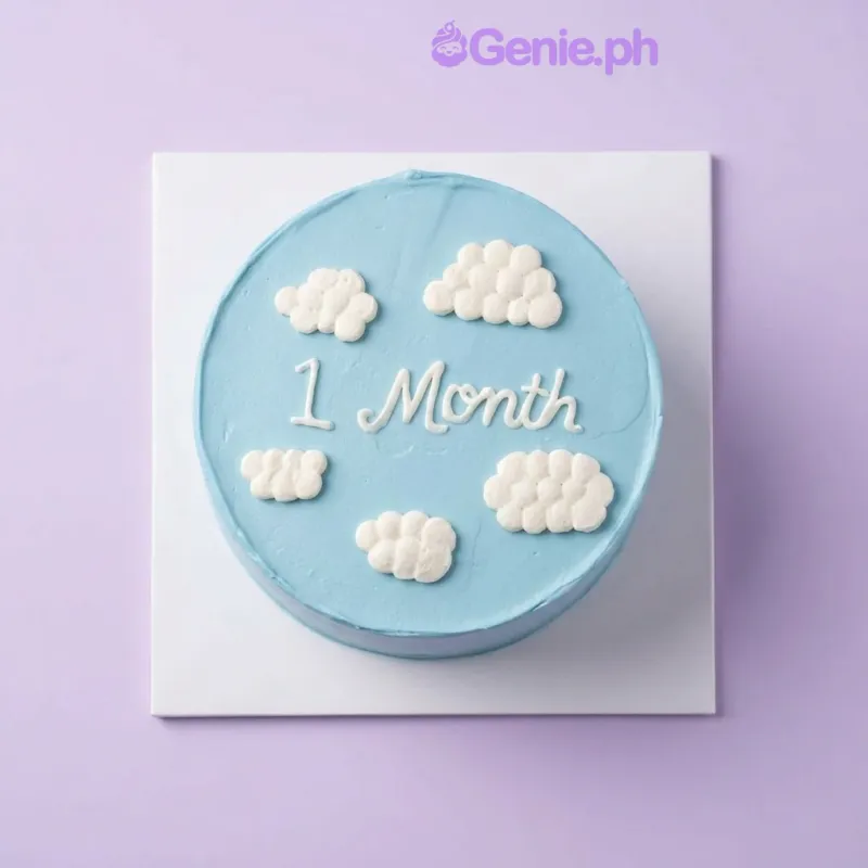 Light blue single-tier cake with white piped clouds and 1 Month message on top Light blue single-tier cake with white piped clouds and 1 Month message on top