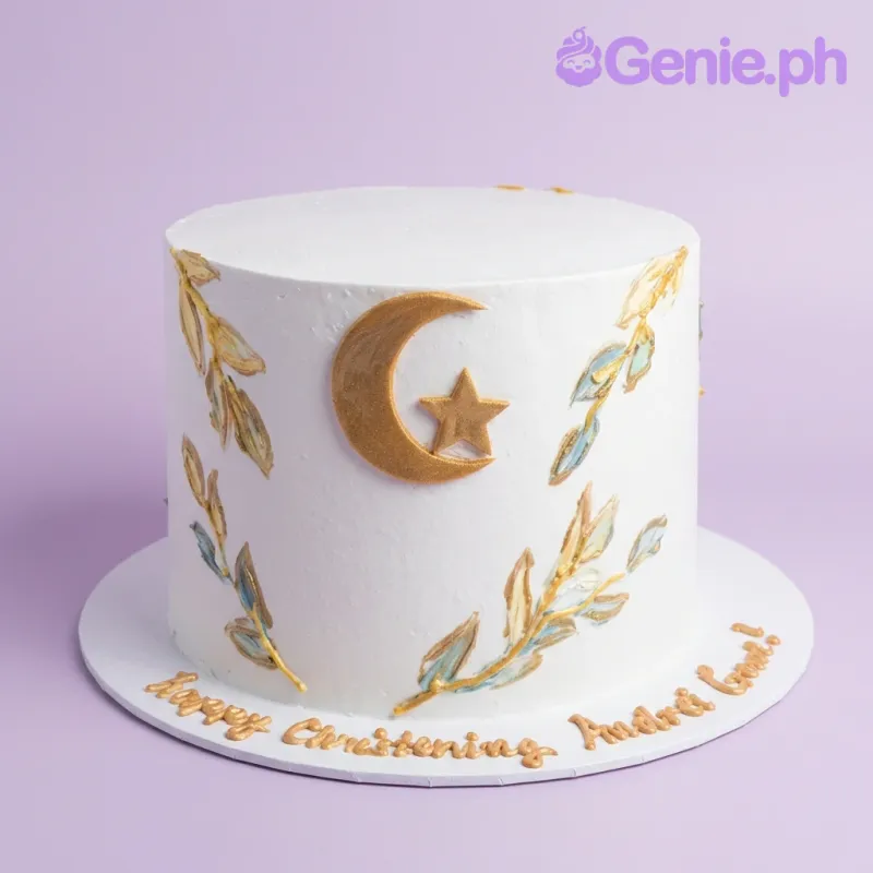 White minimalist christening cake with gold crescent moon and star fondant toppers and yellow palette knife icing leaves. White minimalist christening cake with gold crescent moon and star fondant toppers and yellow palette knife icing leaves.