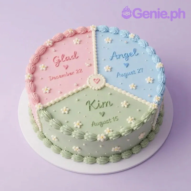 Light pink and light green 1 tier cake with soft icing, piped borders, and small white fondant flowers