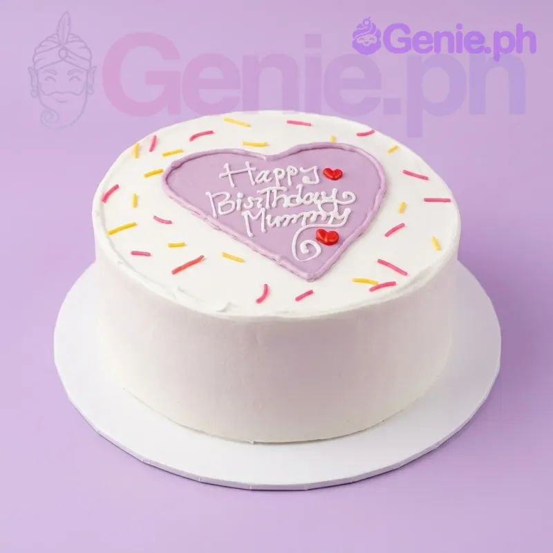 A white 1-tier cake themed around a Mummy's Birthday, featuring a purple heart center and 'Happy Birthday Mummy' text, accented with colorful sprinkles. A white 1-tier cake themed around a Mummy's Birthday, featuring a purple heart center and 'Happy Birthday Mummy' text, accented with colorful sprinkles.