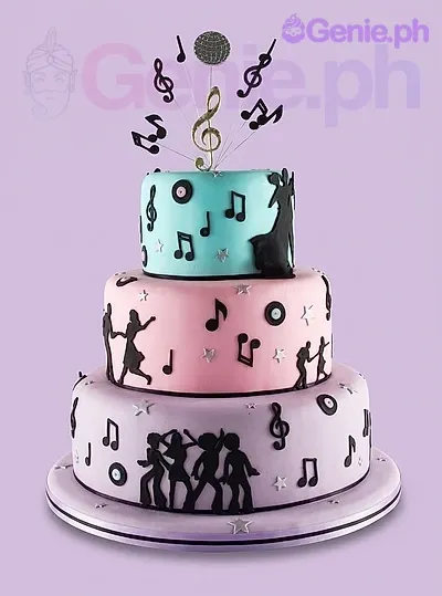 A three-tier musical themed fondant cake in teal, pink, and lavender with black music notes and dancing silhouettes. A three-tier musical themed fondant cake in teal, pink, and lavender with black music notes and dancing silhouettes.