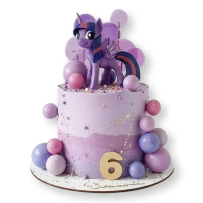 Lavender 1-tier birthday cake with soft icing, a My Little Pony figurine, and purple and pink spherical ornaments Lavender 1-tier birthday cake with soft icing, a My Little Pony figurine, and purple and pink spherical ornaments