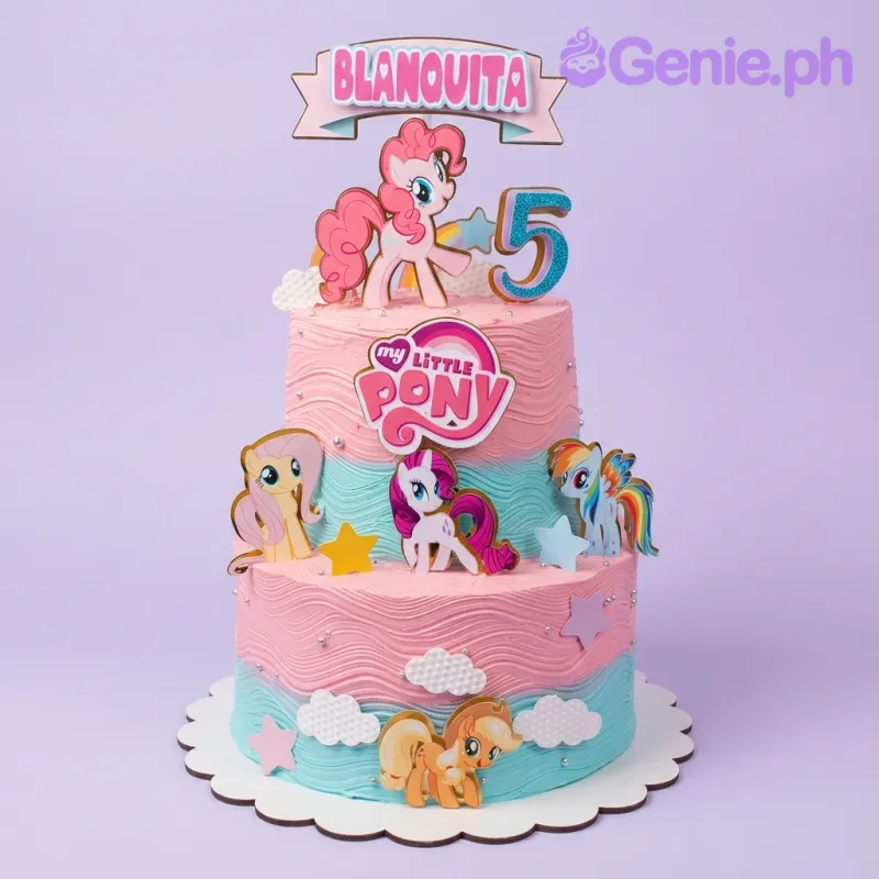 Two-tier My Little Pony cake with pink and teal icing, featuring Pinkie Pie, Rainbow Dash, and characters. Two-tier My Little Pony cake with pink and teal icing, featuring Pinkie Pie, Rainbow Dash, and characters.