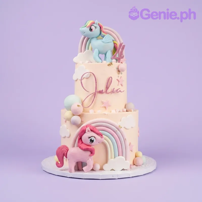 A pastel pink 2 Tier Fondant cake themed around My Little Pony, featuring 3D fondant ponies, rainbows, and clouds. A pastel pink 2 Tier Fondant cake themed around My Little Pony, featuring 3D fondant ponies, rainbows, and clouds.