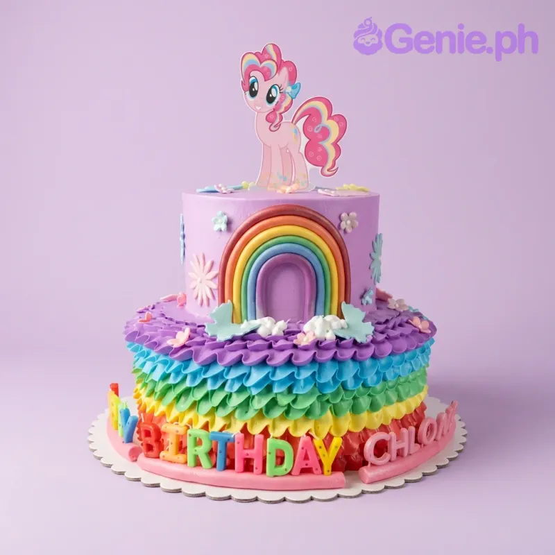 A multicolor two-tier My Little Pony cake, featuring a Pinkie Pie character, a large fondant rainbow, and rainbow-colored icing ruffles. A multicolor two-tier My Little Pony cake, featuring a Pinkie Pie character, a large fondant rainbow, and rainbow-colored icing ruffles.