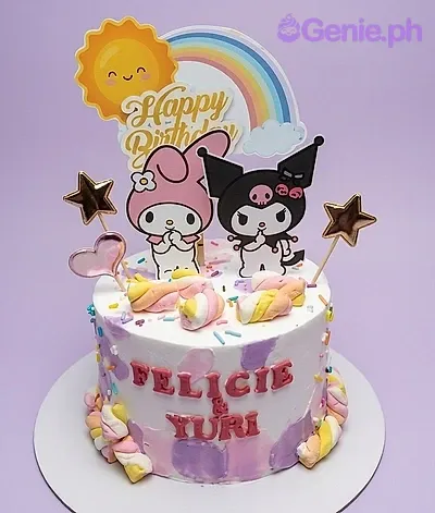 My Melody Kuromi birthday 1 Tier - gold, pink, pastel theme with Happy Birthday sun and rainbow sign and Assorted pastel c... My Melody Kuromi birthday 1 Tier - gold, pink, pastel theme with Happy Birthday sun and rainbow sign and Assorted pastel c...