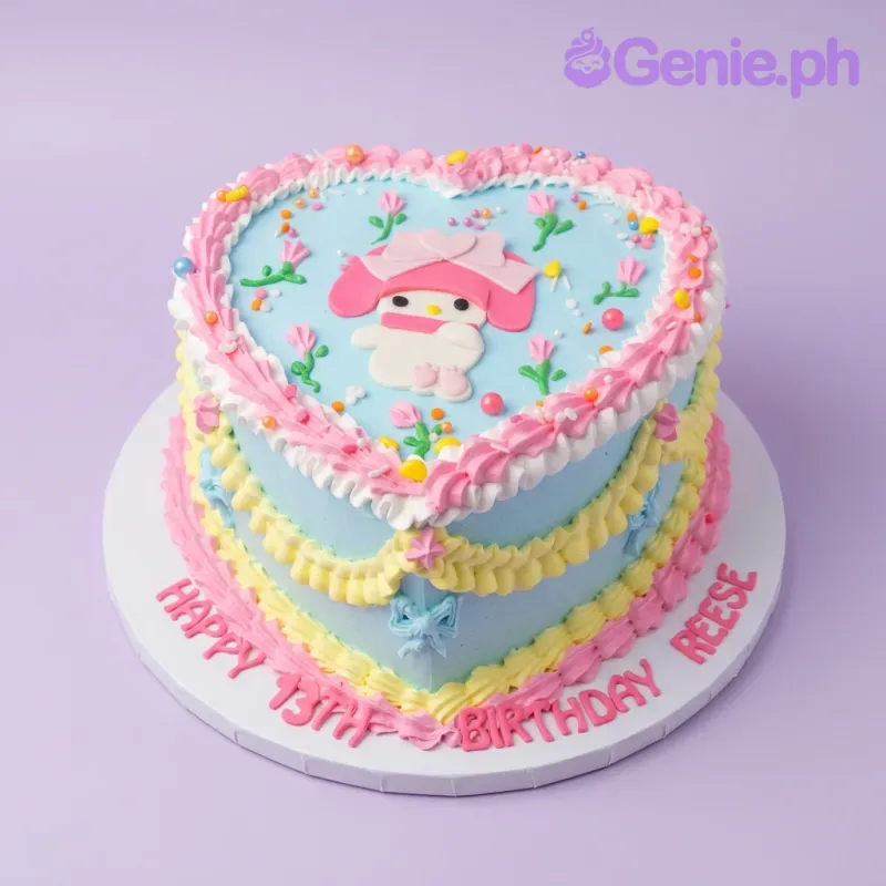 A light blue heart-shaped My Melody cake, featuring a My Melody printout, pink and yellow ruffles, and colorful sprinkles. A light blue heart-shaped My Melody cake, featuring a My Melody printout, pink and yellow ruffles, and colorful sprinkles.