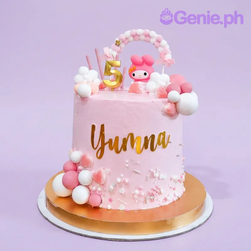 Pink 1-tier birthday cake with My Melody figurine, gold number 5 candle, and white and pink fondant balls Pink 1-tier birthday cake with My Melody figurine, gold number 5 candle, and white and pink fondant balls