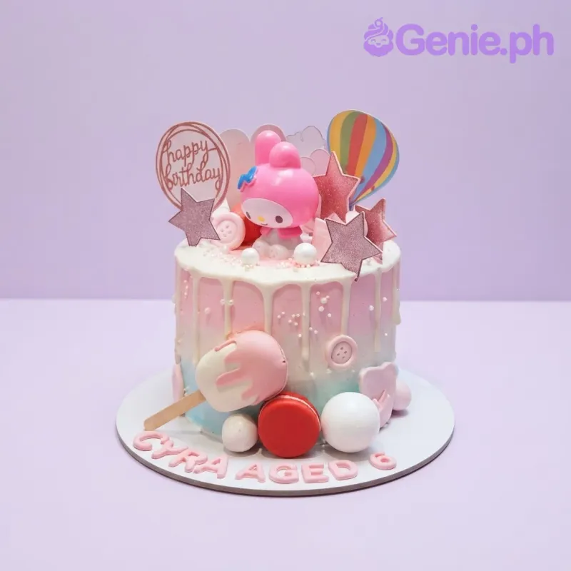 Pink and white 1-tier cake with soft gradient icing, a My Melody toy topper, and glitter stars Pink and white 1-tier cake with soft gradient icing, a My Melody toy topper, and glitter stars