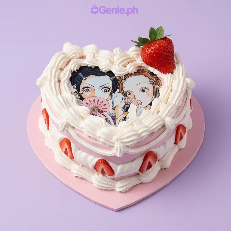 Pink heart-shaped cake with Nana anime character print on top and fresh strawberry slices Pink heart-shaped cake with Nana anime character print on top and fresh strawberry slices