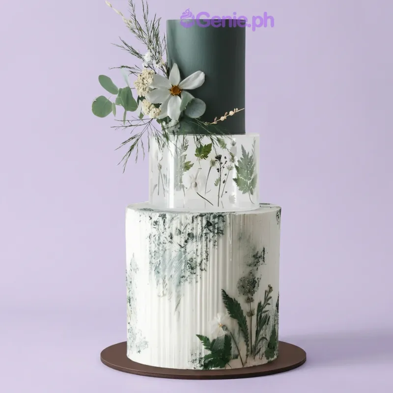 A three-tier nature-inspired cake with a dark teal top tier, clear middle tier with pressed leaves, and a textured white bottom tier. A three-tier nature-inspired cake with a dark teal top tier, clear middle tier with pressed leaves, and a textured white bottom tier.