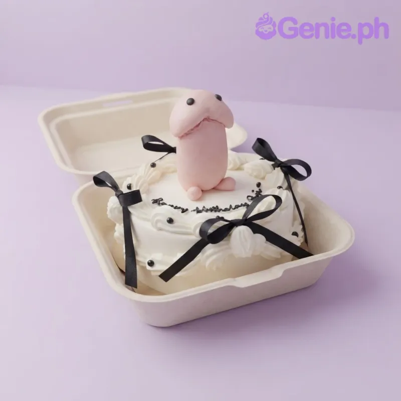 White bento cake with soft icing, black ribbon bows, piped rosettes, and a sculpted novelty topper White bento cake with soft icing, black ribbon bows, piped rosettes, and a sculpted novelty topper