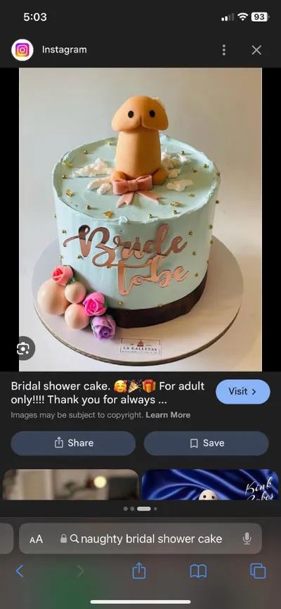 A light blue 1-Tier Naughty Bridal Shower cake, featuring a humorous 3D fondant character, pink roses, and 'Bride To Be' text. A light blue 1-Tier Naughty Bridal Shower cake, featuring a humorous 3D fondant character, pink roses, and 'Bride To Be' text.