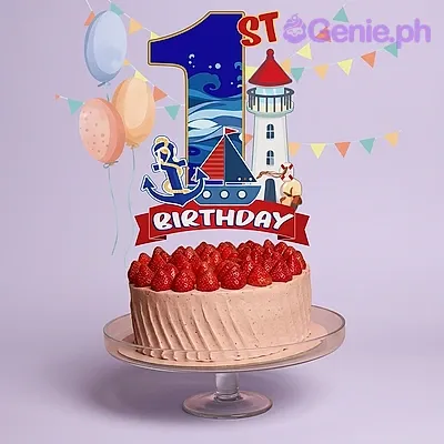 Pink 1-tier birthday cake with nautical theme printout topper and fresh strawberries on top Pink 1-tier birthday cake with nautical theme printout topper and fresh strawberries on top