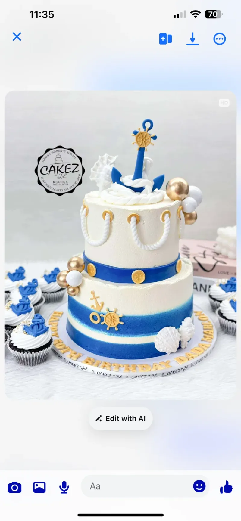 nautical 2 Tier - blue, gold, white theme with blue anchor with gold wheel and white fondant rope nautical 2 Tier - blue, gold, white theme with blue anchor with gold wheel and white fondant rope