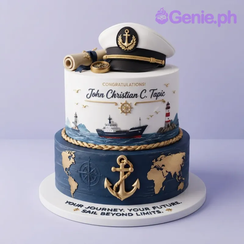 Navy blue and white two-tier soft icing cake with a fondant captain hat topper, ship illustration, and gold nautical accents Navy blue and white two-tier soft icing cake with a fondant captain hat topper, ship illustration, and gold nautical accents