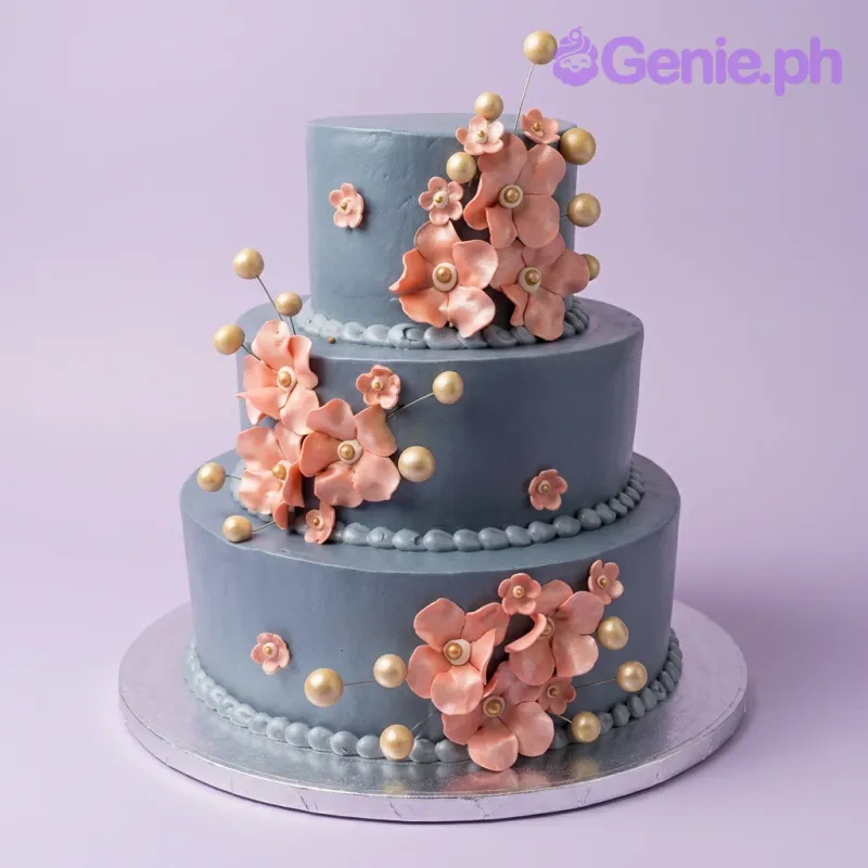 A navy blue three-tier cake with peach gumpaste flowers, gold decorative spheres, and blue bead borders. A navy blue three-tier cake with peach gumpaste flowers, gold decorative spheres, and blue bead borders.