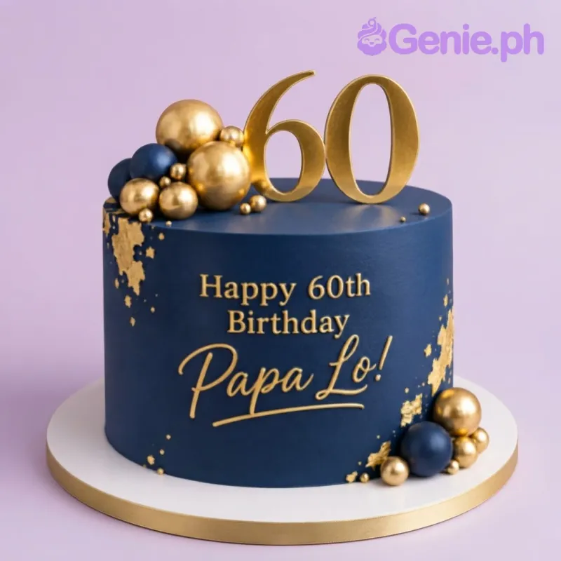 Navy blue 1-tier cake with smooth soft icing, a gold glitter number 60 topper, and gold spherical balls Navy blue 1-tier cake with smooth soft icing, a gold glitter number 60 topper, and gold spherical balls