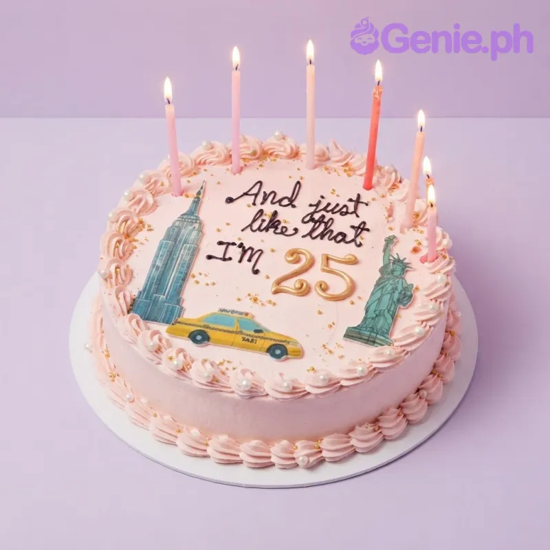 Pink 1-tier cake with smooth soft icing, piped rosette borders, and New York themed printouts Pink 1-tier cake with smooth soft icing, piped rosette borders, and New York themed printouts