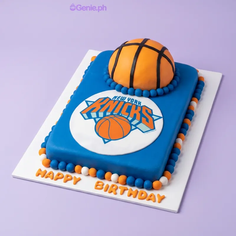Blue rectangle fondant cake with a 3D basketball topper and New York Knicks logo printout Blue rectangle fondant cake with a 3D basketball topper and New York Knicks logo printout