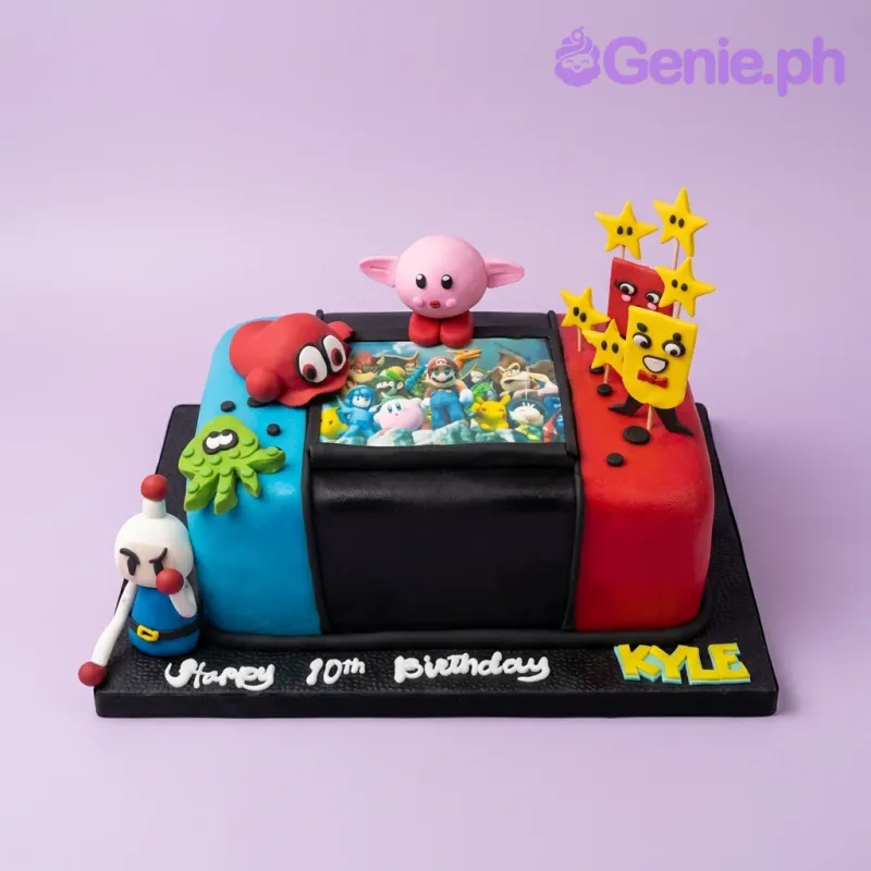 A multicolor Nintendo Switch themed rectangle fondant cake, featuring Super Smash Bros characters and 3D fondant figures. A multicolor Nintendo Switch themed rectangle fondant cake, featuring Super Smash Bros characters and 3D fondant figures.