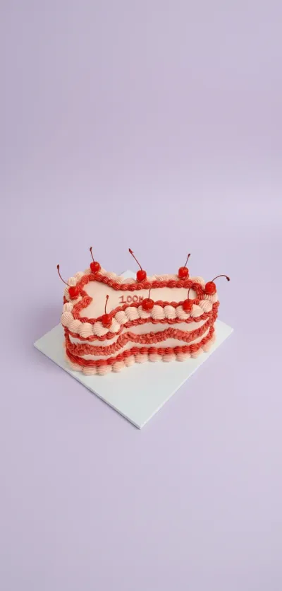 A pink and red 1 Tier cake themed around Novelty and shaped like a phallus, featuring fresh cherries, piped icing ruffles, and '100K' text. A pink and red 1 Tier cake themed around Novelty and shaped like a phallus, featuring fresh cherries, piped icing ruffles, and '100K' text.